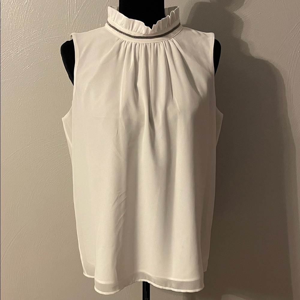 DKNY Ruffled Mock Neck Sleeveless Blouse White Size M Polished Minimalist Top